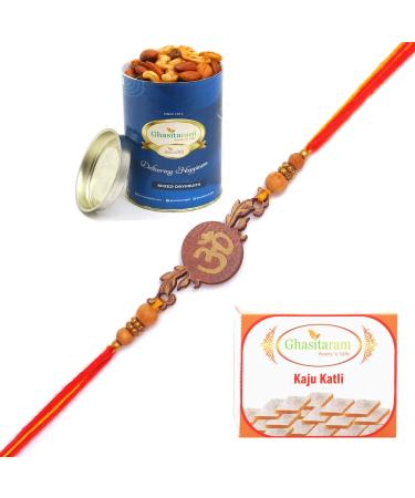 Ghasitaram Gifts Rakhi for Brother Rakhis Online - BW-5410 Wooden Om Rakhi with 100 GMS of Dryfruits Mix Can 200 GMS of Kaju katli Rakhi & 100g Dryfruits Mix Can 200g Kaju katli