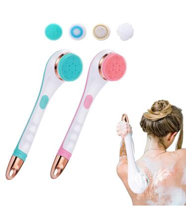 UDSMFU Electric Body Brush for Shower USB Rechargeable Silicone Brush Long Handle Shower Brush 4 in 1 Back Scrubber Body Exfoliation and Massage Deep Cleansing Set (Blue) Pink Blue