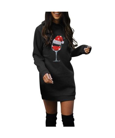 Christmas skirt for women dress hoodie costume cartoon bag Christmas elk party clothes hooded sweater dress oversize long -sleeved hooded hoodies top jumper autumn winter black m