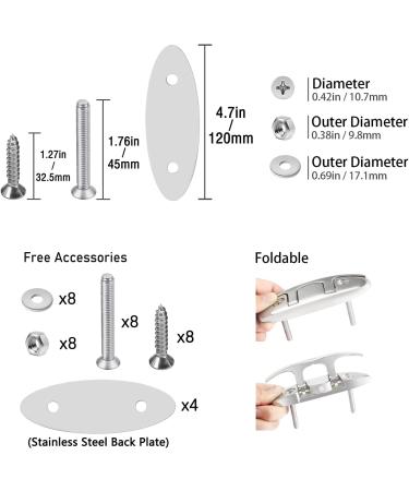 YUSOVE 4-1/2 Flip-up Dock Cleat - Marine Grade 316 Stainless Steel - Set of 4 Cleats with Back Plate and Fastener Pack - Buy Online on GoSupps.com