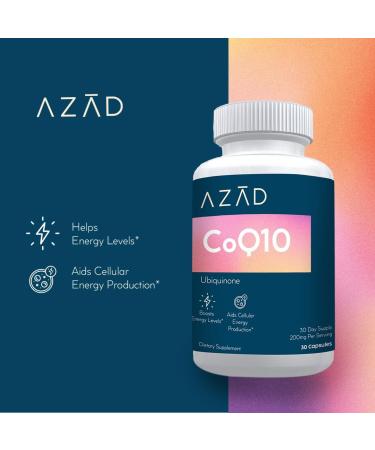 Azad CoQ10 200 mg Heart & Cellular Energy Support Vegan Ubiquinone Antioxidant Made in USA Non-GMO 30 Capsules - Third Party Tested - Buy Online on GoSupps.com