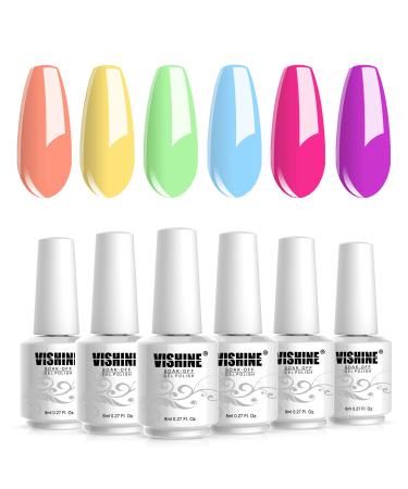 Vishine Gel Nail Polish Kit- 6 Colors Rainbow Sweet Candy Shades Colorful Bright Yellow Blue Green Rose Popular Spring Summer Manicure Set for Nail Art