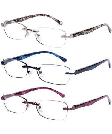 DOOViC 3 Pack Rimless Reading Glasses For Women Lightweight Elegant Blue Light Blocking Readers Tinted Edge/Spring Hinge 2.00 Strength 3 Colors-s1 2.0 x
