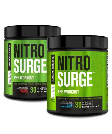 Jacked Factory NITROSURGE Pre Workout Supplement - Endless Energy Instant Strength Gains Clear Focus (Cherry Limeade 30sv & Blue Raspberry 30sv)