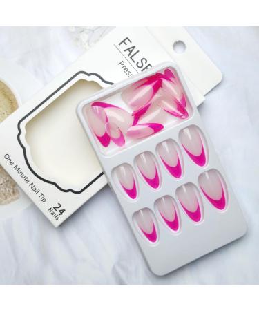 24 Pcs Hot Pink French Tip Press-On Nails | Short Almond Fake Nails - Reusable Acrylic Full Cover for Women - Buy Online on GoSupps.com