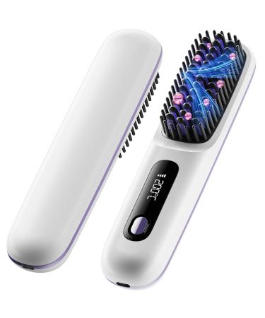Cordless Hair Straightener Brush Portable Anion Hair Straightener Brush for Women Lightweight Ceramic Coating Negative Ion Anti-Scald Hair Straightener for Women Travel Styling Hairstyler Salon White