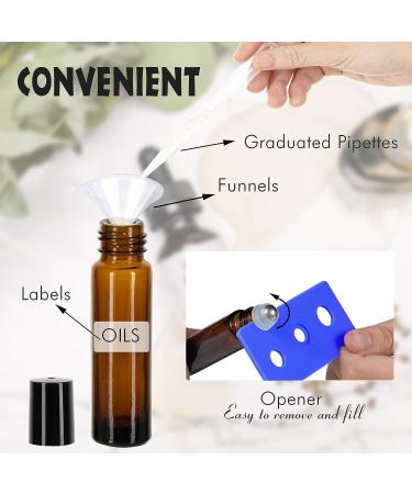 12 Pack 10ml Amber Glass Essential Oil Roller Bottles with Stainless Steel Roller Balls and Accessories | Labels, Openers, Funnels, Droppers Included - Buy Online on GoSupps.com