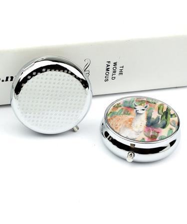 Round Pill Box - White Alpaca Watercolor & Cactus Print | 3 Compartment Portable Pill Organizer - Decorative Metal Pocket Pill Case for Medication - Buy Online on GoSupps.com