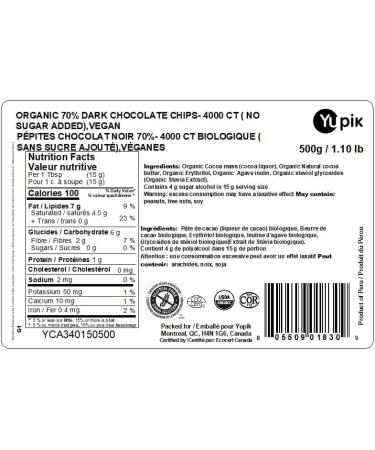 ORGANIC 70% DARK CHOCOLATE CHIPS (NO SUGAR ADDED) VEGAN- 500G Gluten-free Vegan Non-GMO - Buy Online on GoSupps.com