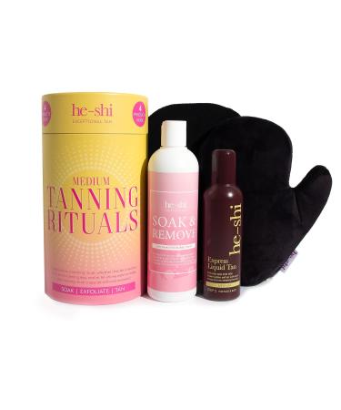 He-Shi Fake Tan Kit - Tanning Rituals Gift Set - Includes Luxurious Bath Soak Exfoliating Mitt Hydrating Glycerin & Express Liquid Tan for a Streak-Free Golden Glow