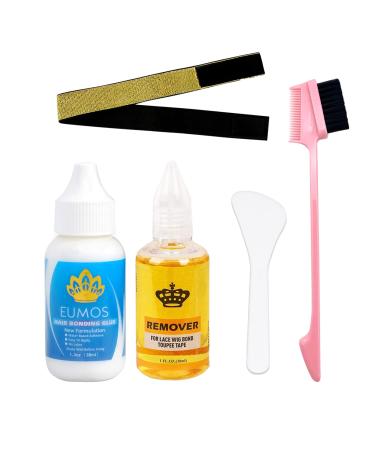 Eumos Wig Glue for Front Lace Wig Waterproof Invisible Bonding Strong Hold Hair Glue for Lace Wigs Lace Front Glue Hair Replacement Adhesive  Wig Glue Remover  Golden Elastic Band and Edge Brush
