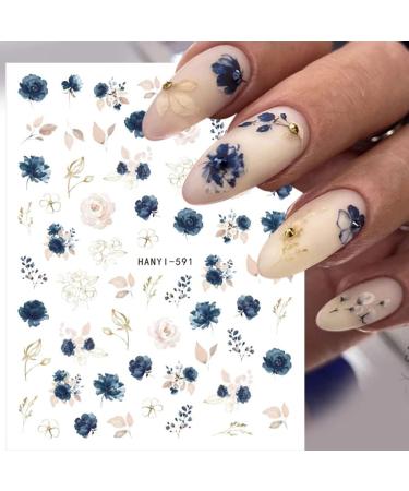 Flower Nail Art Stickers Charming Butterfly Nail Decals Spring Summer Nail Stickers for Nail Art Watercolor Blue Floral Nail Accessories 3D Self-Adhesive Design Nail Decoration for Women 6 Sheets Blueflowers