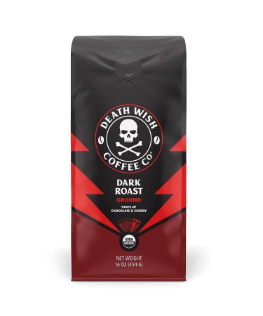 Death Wish Coffee Dark Roast Grounds - 16 Oz - The World's Strongest Coffee - Bold & Intense Blend of Arabica & Robusta Beans - USDA Organic Ground Coffee - Dark Coffee for Morning Boost Dark Roast 1 Pound (Pack of 1)
