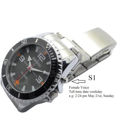 SHMIOU English Talking Watch for Blind Visually Impaired Elderly - Stainless Band Quartz Alarm, Black Dial Silver Frame - Buy Online on GoSupps.com