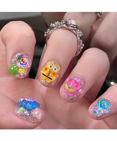Cute False Nails for Kids Short Cartoon Stick on Nails 24pcs Square Press On Nails with Glue Funny Sweet Fake Nails Gift for Girls DIY (Cute Bob)