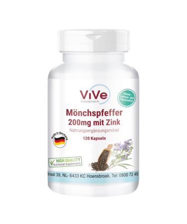 ViVe Supplements Monks Pepper 200mg with Zinc 120 Capsules HIGH DOSE VEGAN Made in Germany