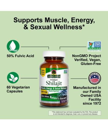 Nature's Answer Himalayan Shilajit Capsules 500 mg per Serving | PrimaVie Purified Shilajit with 50% Fulvic Acid | Energy Vitality & Muscle Support | 60 Vegan Capsules - Buy Online on GoSupps.com