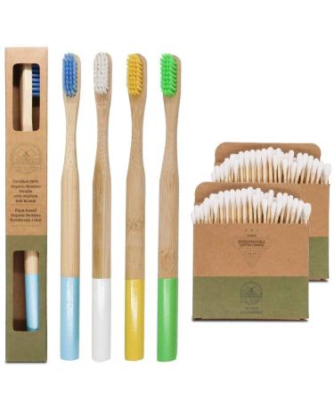 Eco Friendly and Biodegradable Bamboo Toothbrush Water Resistant | Plastic Free Round Handle | Antiseptic Medium Hard Bristles BPA-Free | Natural | Set of Toothbrushes | 200 Bamboo Cotton Swabs FREE