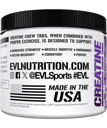 Evlution Nutrition Creatine Monohydrate Chew Tabs - Muscle Growth Strength Performance Recovery & Cognitive Support - 3000mg Creatine Monohydrate Per Serving - 30 Servings - 90 Tablets - Grape - Buy Online on GoSupps.com