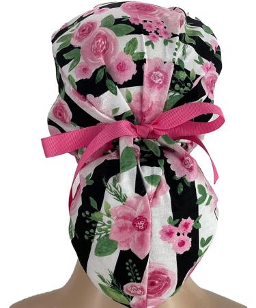 Pink Rose Striped Ponytail Scrub Cap | Unisex Surgical Hat for Nurses | Tie Back Working Cap with Holder - Buy Online on GoSupps.com
