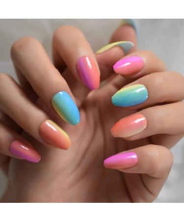 Buy Shiny Colorful Press On Nails | Ombr Rainbow Fake Nails Set - 24pcs Medium Size - Buy Online on GoSupps.com