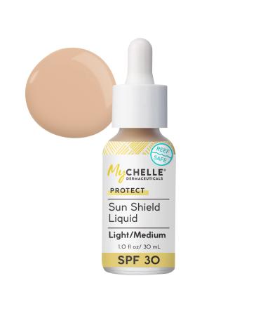 MyChelle Dermaceuticals Sun Shield Liquid SPF 30 Light/Medium (1 Fl Oz) - Tinted Sunscreen for All Skin With Oil-Absorbing Bentonite Clay - Use as Sheer Foundation or Makeup Primer for Matte Finish