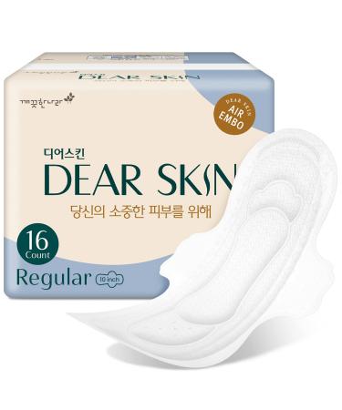 DEAR SKIN Air Embo Derma Sanitary Pads - Regualr Size / 16 Count Chlorine Free Pads for Women Hypoallergenic Heavy Absorbency Breathable Layers Leak-Free Guard Pads with Wings for Women Regular