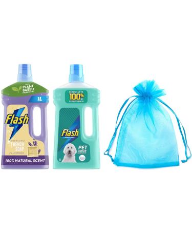 Flash All Purpose & Floor Cleaner Bundle: Traditional Collection Natural French Soap & Lavender 1L + Flash for Pet Lovers with Febreze Freshness 1L + for You: Organza Small Bag
