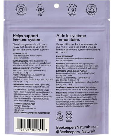 Soothing Honey Elderberry Cough Drops by Beekeeper's Naturals - Immune Support with Vitamin D Zinc and Propolis Throat Soothing Lozenges 14 Ct(2PACK) Elderberry 14 count (Pack of 2) - Buy Online on GoSupps.com
