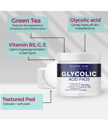 Majestic Pure Glycolic Acid Pads 20% with Vitamin C, Aloe, Green Tea & Rosemary Oil - Exfoliating Peel Pads for Skin Tone, Acne, Fine Lines & Dark Spots - 60 Count - Buy Online on GoSupps.com