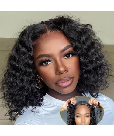 Domiso Wear and Go Glueless Wigs Deep Wave Bob Wigs Human Hair Wear and Go Lace Pre Cut No Glue 4x4 Lace Wigs for Black Women Human Hair Pre Plucked Hairline Natural Black Color 12 Inch 12 Inch Glueless Dw Bob