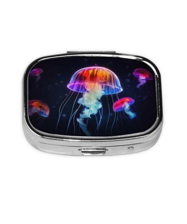 Colorful Jellyfish Printing 2 Compartment Small Pill Case Cute Small Pill Box Purse Pill Boxs Travel Pill Organizer for Pocket Purse and Travel Gifts