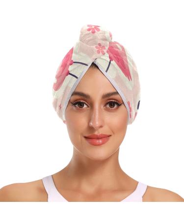 Cute Flamingo Seamless Overlay Image Hair Towel 2 Pack Super Absorbent Hair Drying Towel Quick Dry Hair Turbans Head Towel with Button Twisty Wrap for Women Girls