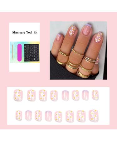 Purple Flower Short French False Nails - 24 PCS Acrylic Full Cover Tips for Women and Girls - Buy Online on GoSupps.com