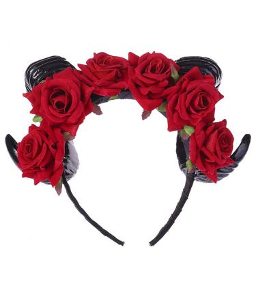 amangul Halloween Hair Accessories Ox Sheep Horn Headband Rose Flower Headdress