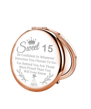LQRI Sweet 15 Gifts for Girls 15th Birthday Compact Mirror 15 Year Old Girl Gifts Makeup Mirror Fifteen Girl Quinceanera Gift Sweet 15 Birthday Gifts for Her (Pink)