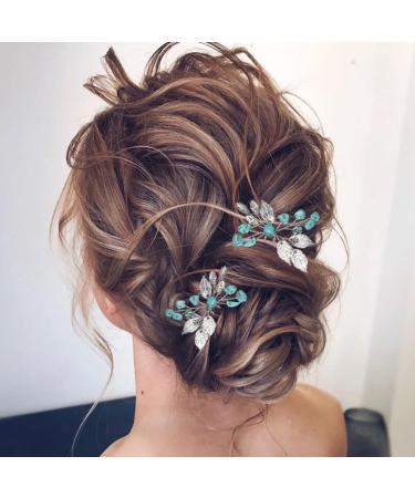 Earent Turquoise Leaf Crystal Wedding Hair Pins - Bridal Hair Accessories for Women and Girls (Pack of 2) - Buy Online on GoSupps.com