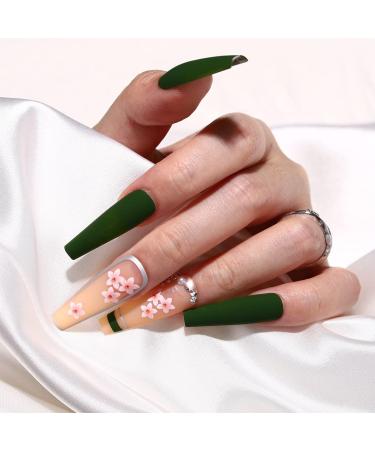 Sethexy Long Coffin Flower False Nails - 24pcs Green Acrylic Press-On Nails for Women & Girls | Spring Matte Art - Buy Online on GoSupps.com