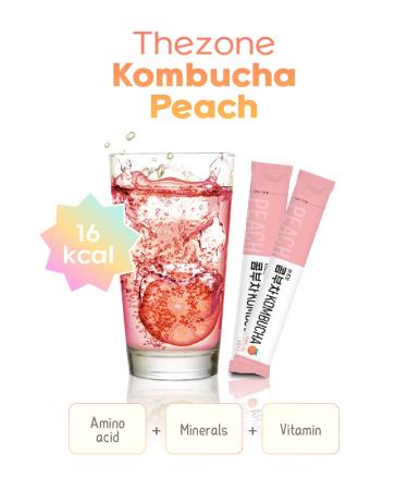 Thezone Peach Kombucha Powder: Probiotics & Prebiotics, 16kcal Tea, 30 Stick Packets, 150g - Buy Online on GoSupps.com