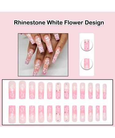 Pink Coffin Press-On Nails with Rhinestone White Flower Design - 24Pcs Acrylic Fake Nails for Women & Girls - Perfect for Weddings & Birthdays - Buy Online on GoSupps.com
