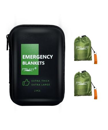 Frelaxy Emergency Blanket 2-Pack/4-Pack, Extra-Thick Extra-Large Space Blankets with Whistles, Storage Pouchs, and EVA case Army Green - 2 Pack