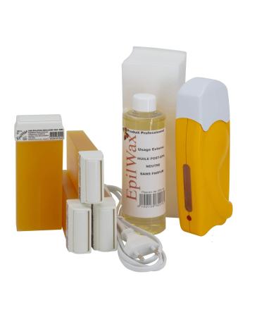 EpilWax Complete Hair Removal Waxing Kit - With 4 Honey Wax Roll-on Cartridges Roll On Wax Heater 100 Strips and Waxing Oil Miel 105 Piece Set