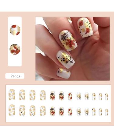 24Pcs Fall Press on Nails - Short Maple Leaf & Letter Designs | Glossy Medium Square Fake Nails for Women & Girls | Perfect for Thanksgiving Decorations - Buy Online on GoSupps.com