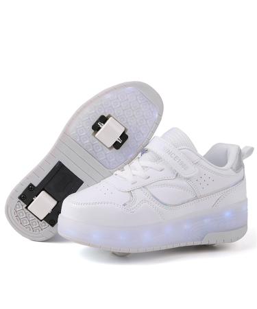 Shoes with roles for girls boys adjustable roller skates shoes insertable sneakers with roles for children led flashing roller skate shoes for outdoor sports 36 EU white