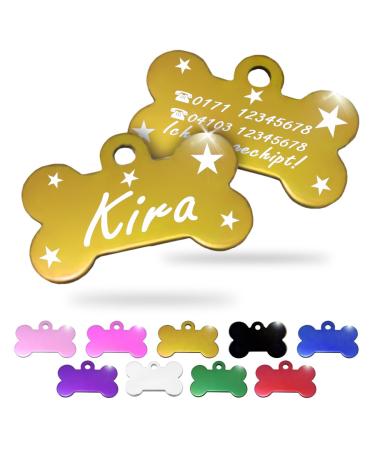 Ibera Gifts - Personalized pendants for small to medium -sized dogs and cats in bone shape - engraving dog brand collar dog neck band Name personalized (gold stars) stars gold