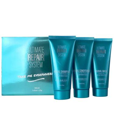 Ultimate Hair Repair System Travel Kit - Rejuvenates Dry Damaged Hair and Color Treated Hair Infused with Keratin & Biotin (Shampoo Conditioner & Mask) by Hair Bar NYC Set of 3 1.7oz 50ml