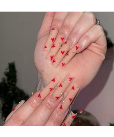 JUSTOTRY 24 Pcs Press on Nails Long Red Heart Fake Nails with Diamond Designs Ballerina Stick on Nails for Women Acrylic False Nails with Glue for Nail Art Decoration Red Heart&diamonds