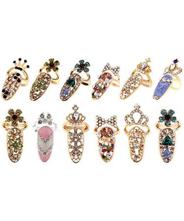 CosCosX 12 Pcs Women Luxury Fingernails Ring Fashion Bowknot Knuckle Nail Ring Decoration Tip Nail Art Charm Crown Flower Crystal Rhinestone Finger Nail Rings All