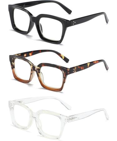 ZXYOO Oversize Square Blue Light Blocking Reading Glasses for Women - 3 Pack (Black, Leopard, Transparent) - 2.5x Strength - Buy Online on GoSupps.com