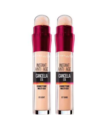 Maybelline New York Sponge Applicator + Erase Age Corrector Liquid Concealer 07 Sand multi-purpose paint 01 Light with Instant Anti-Age Dark Circles 1 piece (2 Pack) 1x Color 01 Light + 1x Color 07 Sand